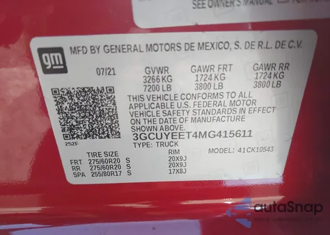 2021 Chevrolet Silverado 1500 4Wd Short Bed Rst из США, поврежденный, VIN 3GCUYEET4MG415611